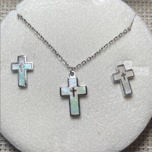 Silver Cross Necklace and Earring Set